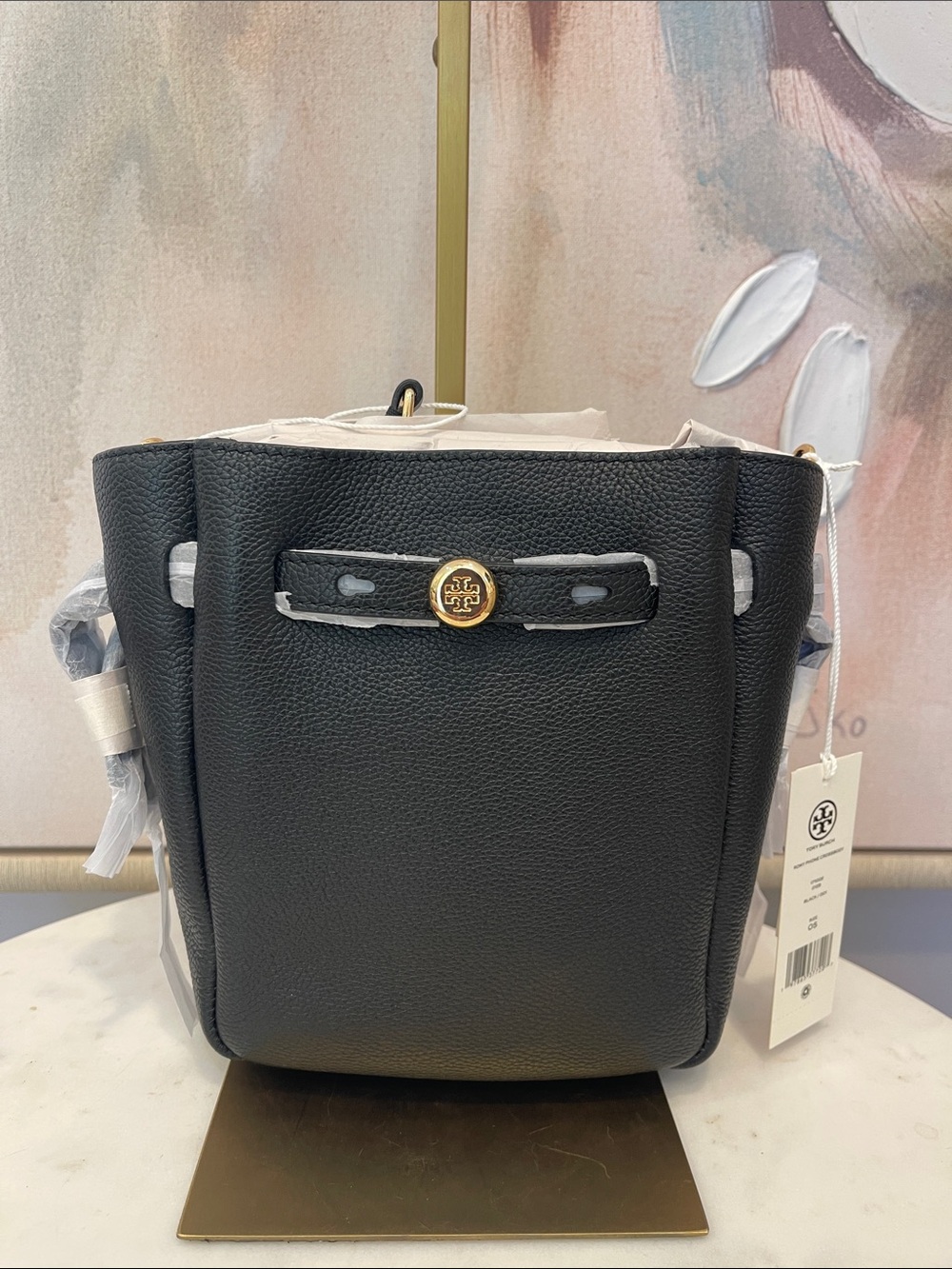 Tory Burch Black Leather Mini Bucket Bag with Gold Logo